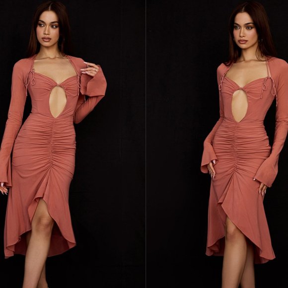 HOUSE OF CB 'Reine' Rose Real Silk Ruffle Midi Dress NWOT - Picture 4 of 5